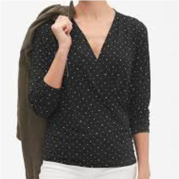Banana Republic Print Matte Jersey Wrap Front Top Black/White Dot V-Neck Medium - Picture 5 of 5